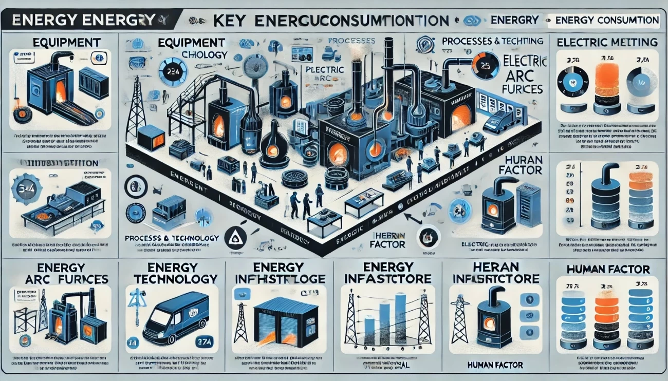 изображение в стиле инфографики, анализирующее ключевые факторы потребления энергии в литейном цехе. Оно наглядно организует основные факторы: Оборудование, Процессы и технологии, Энергетическая инфраструктура и Человеческий фактор с соответствующими значками и описаниями.