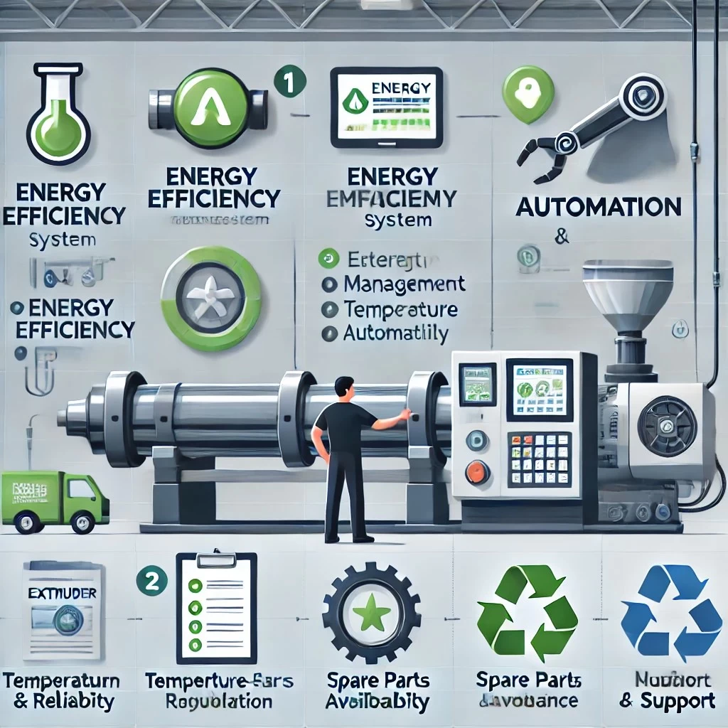 инфографика, иллюстрирующая дополнительные критерии выбора экструдера: энергоэффективность, автоматизация и поддержка производителя.