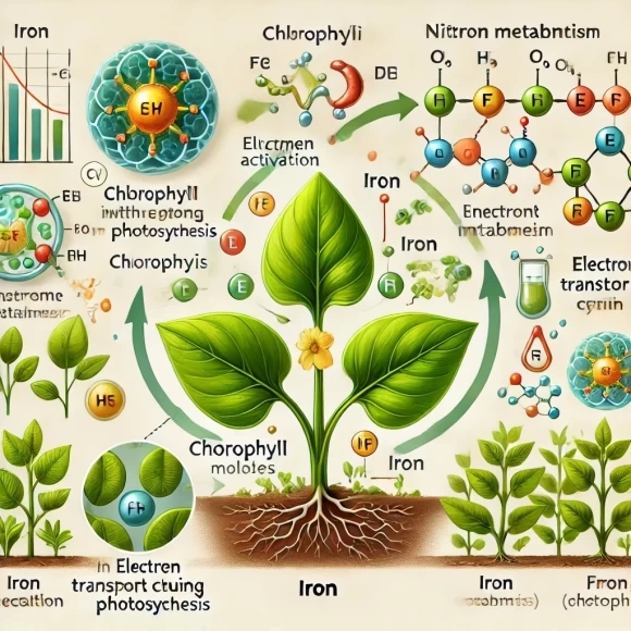 На изображении представлена образовательная диаграмма, которая объясняет роль железа (Fe) в росте растений и фотосинтезе