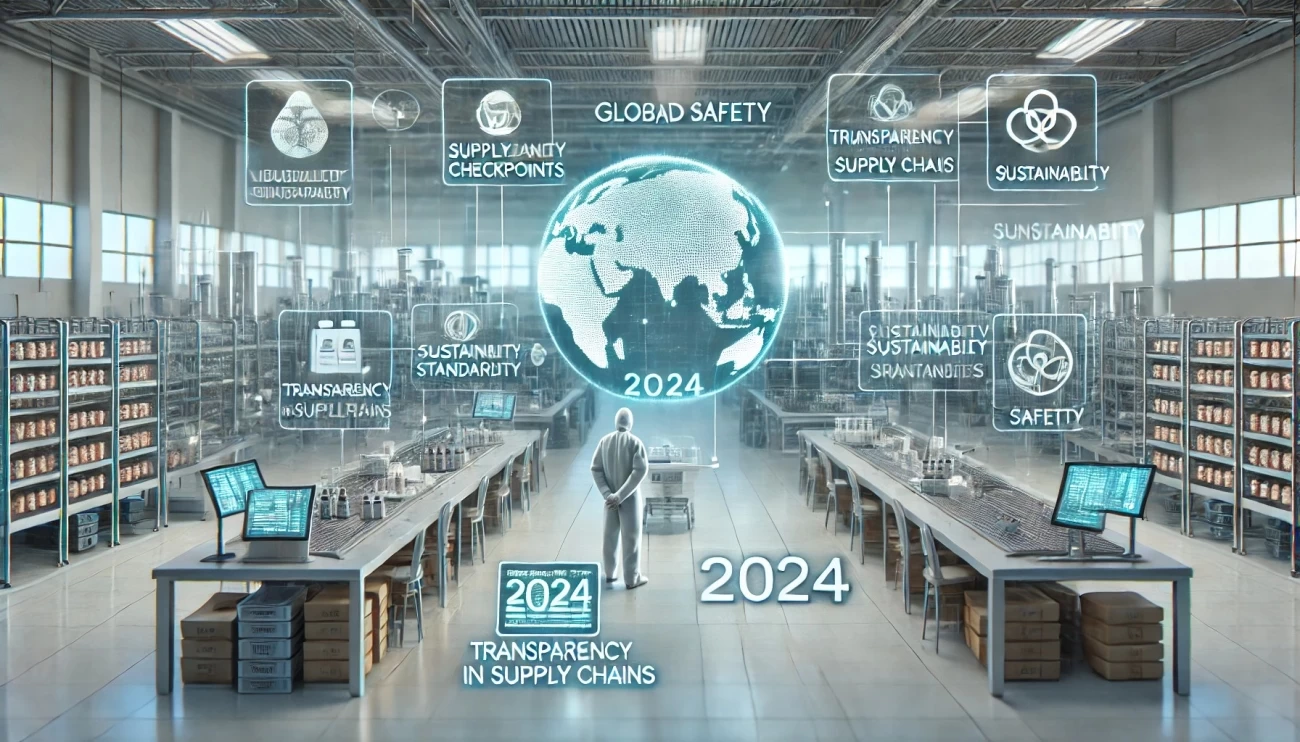 изображение, иллюстрирующее достижения в области безопасности пищевых продуктов в мире в 2024 году, подчеркивающее стандарты качества, прозрачность цепочки поставок и устойчивые методы производства