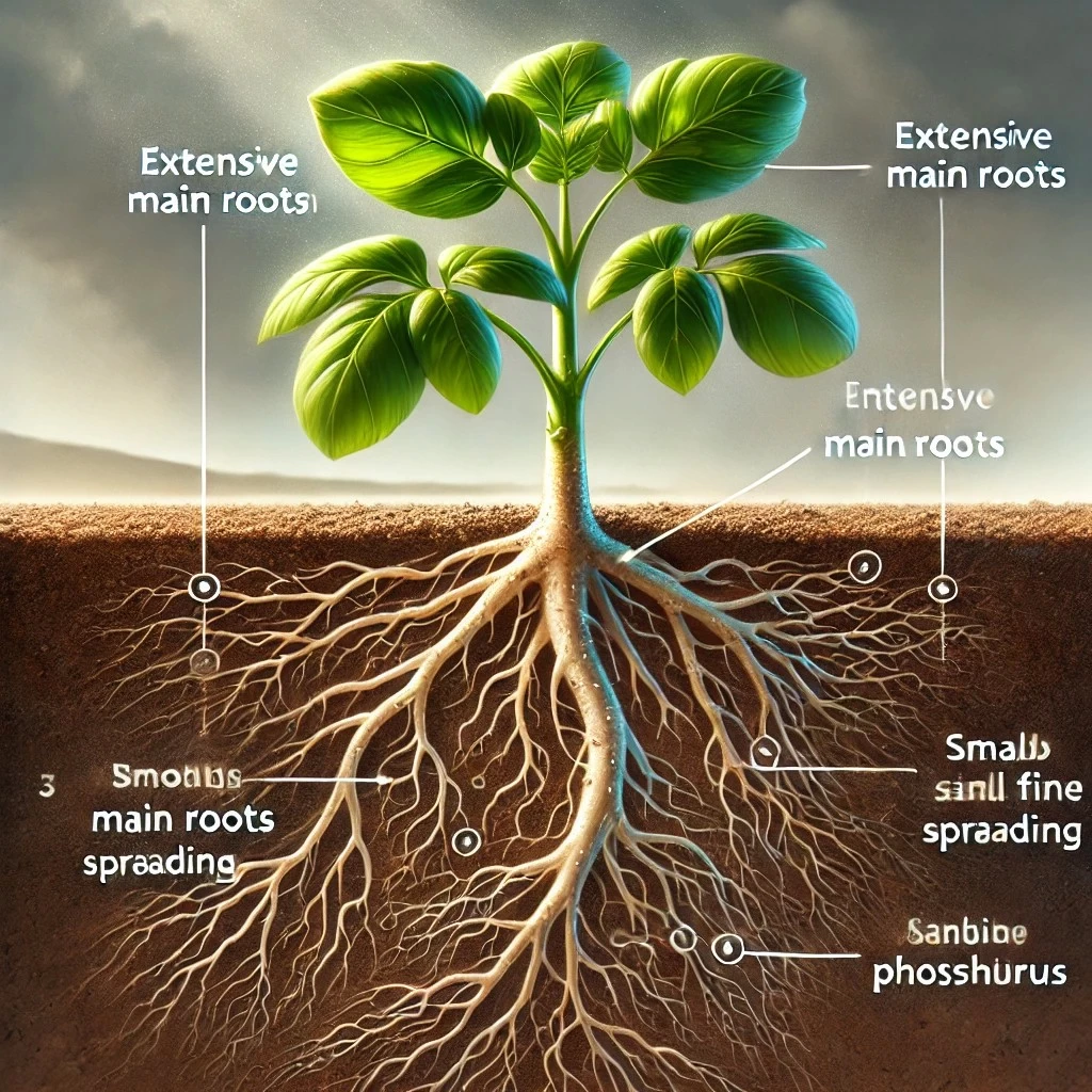 иллюстрация, показывающая растение с обогащенной фосфором, здоровой корневой системой. На изображении выделены сильные основные корни, широко распространенные мелкие корни для поглощения питательных веществ и стабильная структура, закрепляющая растение в почве, демонстрирующая преимущества фосфора для роста корней и устойчивости растений
