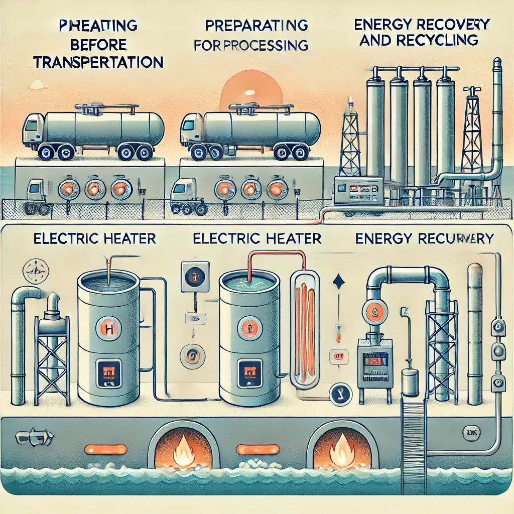 изображение, иллюстрирующее различные этапы переработки нефти, где используются электронагреватели. Каждый этап выделяет определенные функции, от предварительного нагрева для транспортировки до рекуперации энергии, представленные с чистыми визуальными образами и промышленными элементами.