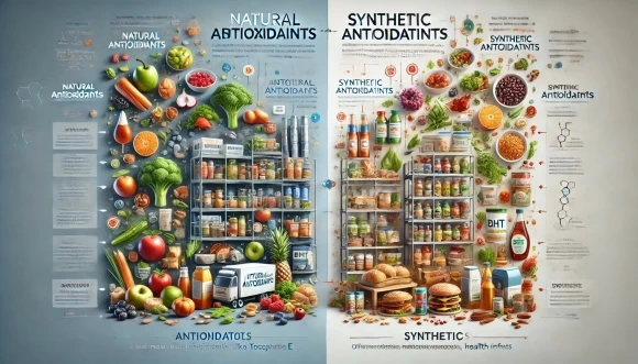 изображение, иллюстрирующее натуральные и синтетические антиоксиданты в пищевой промышленности, с четкими различиями в их источниках и применениях.