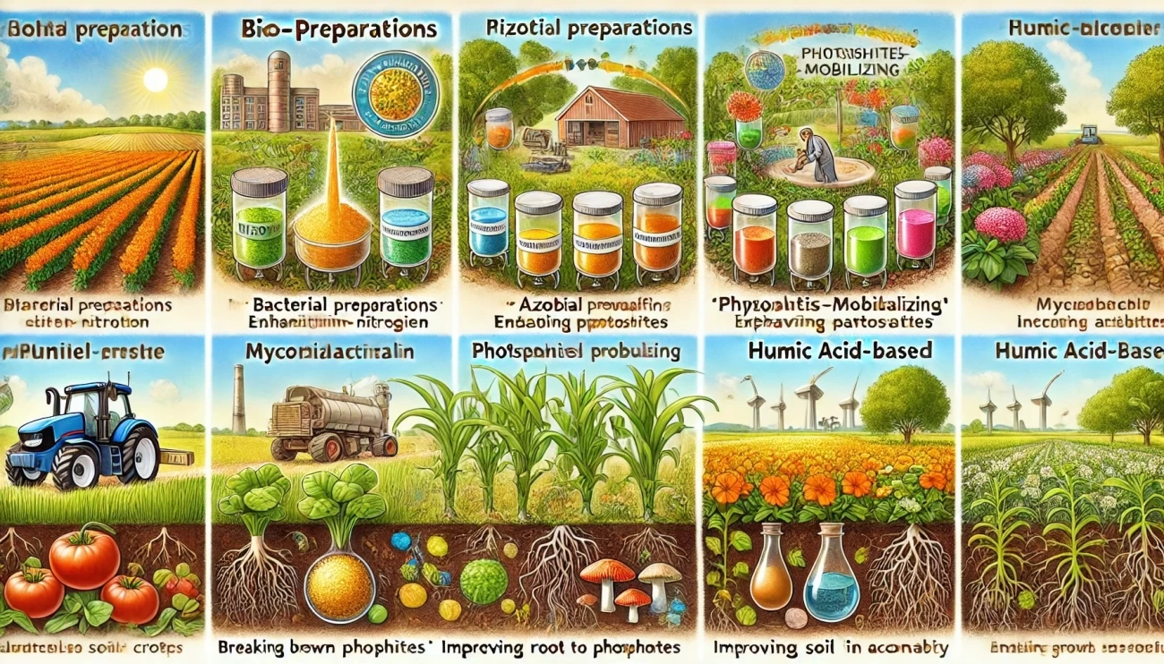 иллюстрация, на которой показаны различные биопрепараты и их конкретные применения в сельском хозяйстве, где каждый тип показан улучшающим здоровье почвы и растений.