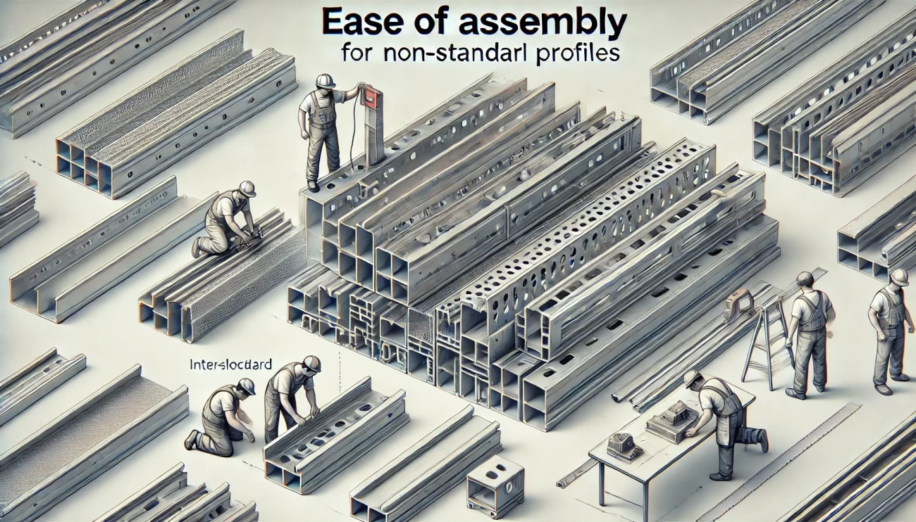 Изображение создано и иллюстрирует удобство монтажа нестандартных профилей, включая перфорацию, пазы и простоту соединения.