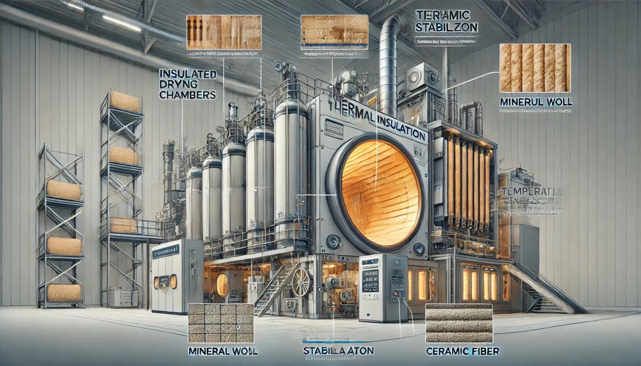 изображение, демонстрирующее ключевые аспекты теплоизоляции сушильного оборудования, включая изоляционные материалы, стабилизацию температуры и снижение энергопотерь