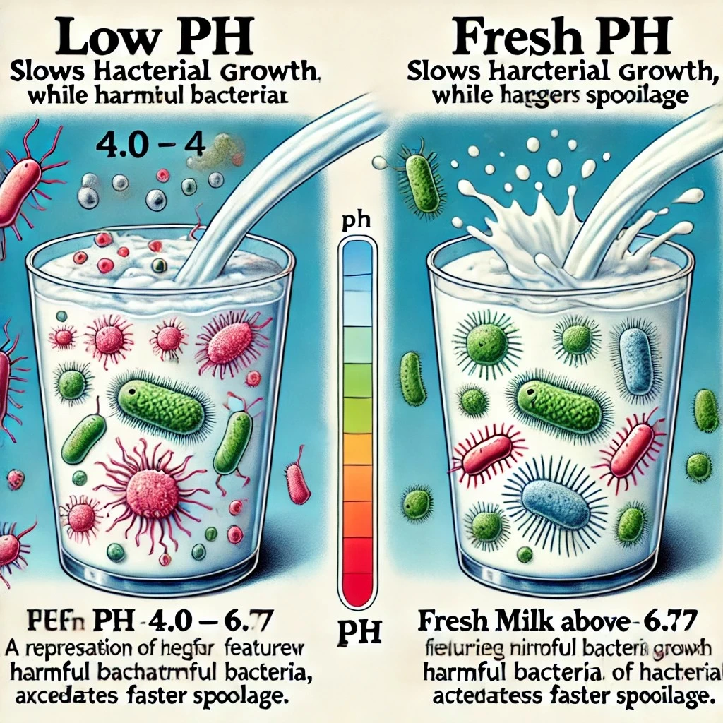 изображение, наглядно демонстрирующее влияние pH на развитие бактерий в молочных продуктах