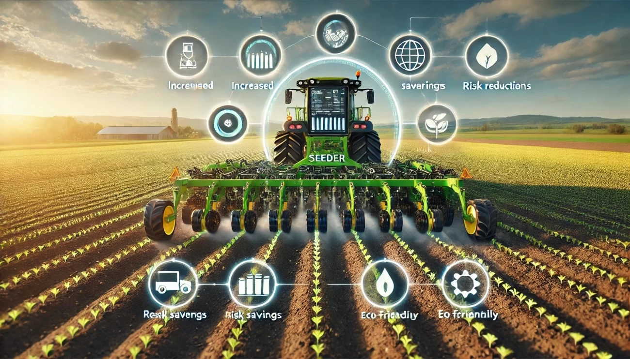 изображение, демонстрирующее высокотехнологичную интеллектуальную сеялку в поле, с визуальными элементами, иллюстрирующими ее различные преимущества, такие как повышенная урожайность, экономия ресурсов и экологические преимущества. 
