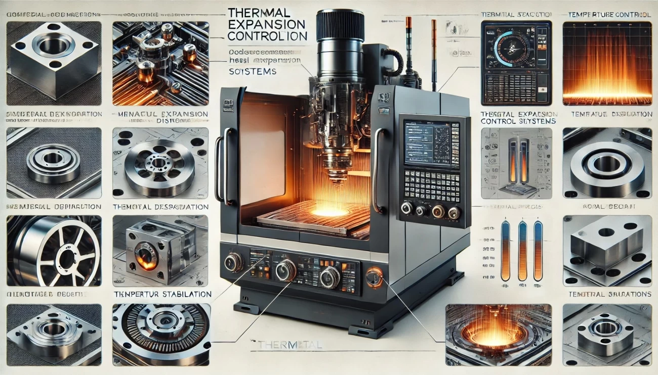 изображение, показывающее высокоточный фрезерный станок с ЧПУ, оснащенный системами контроля теплового расширения. На нем запечатлены элементы управления тепловым режимом, дисплеи контроля температуры и датчики вокруг критических зон для предотвращения деформации во время длительных операций фрезерования. 