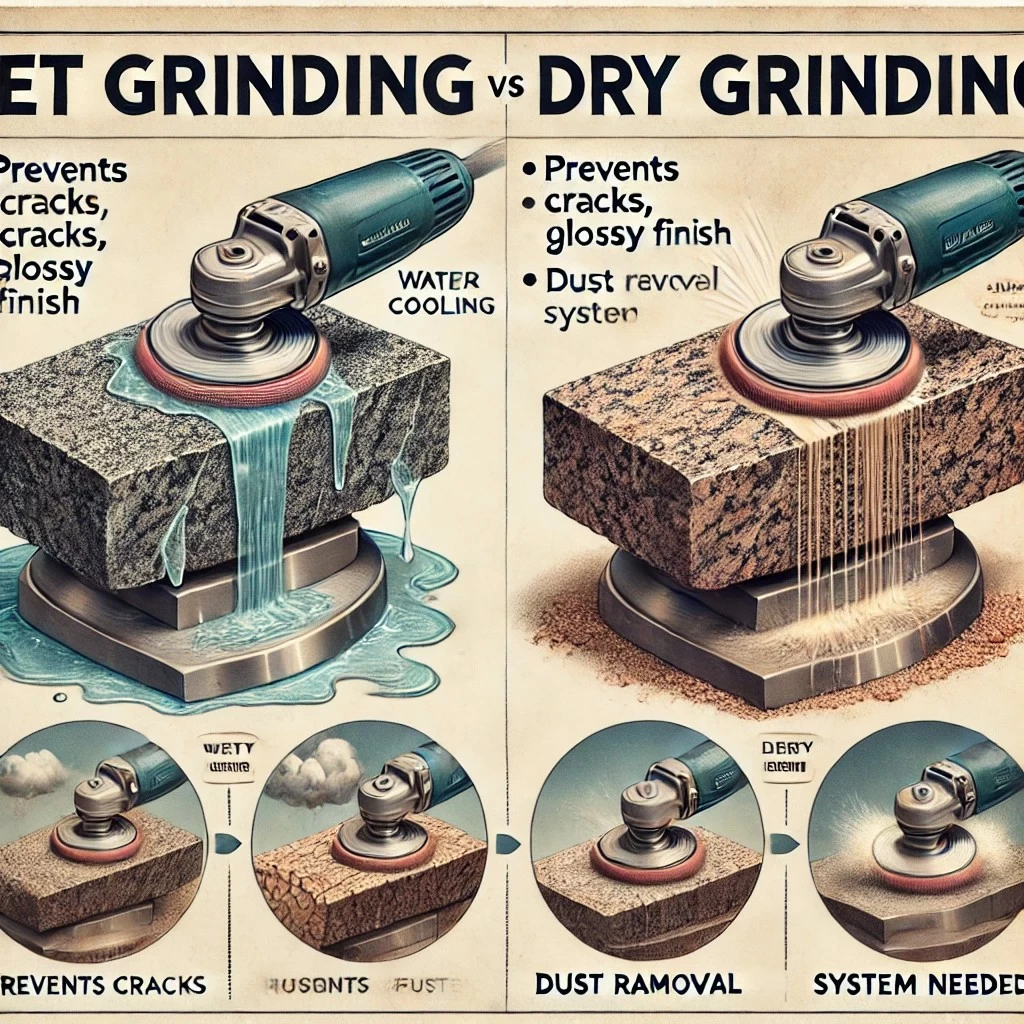 изображение, которое иллюстрирует различия между влажной и сухой шлифовкой для каменных материалов, включая гранит и мрамор. 