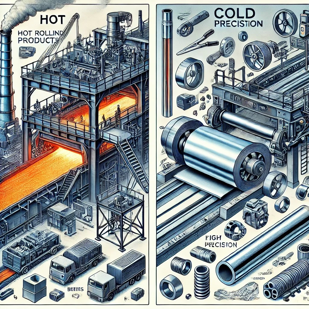 изображение, иллюстрирующее процессы горячей и холодной прокатки в производстве металлов. На нем показаны особенности обеих технологий, а также применения горячекатаных и холоднокатаных изделий.