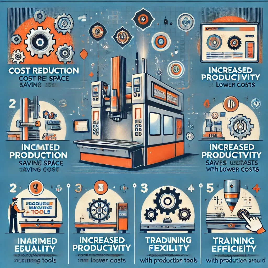 изображение, которое иллюстрирует преимущества многоцелевых станков, включая снижение затрат, повышение производительности, улучшение качества, гибкость производства и экономию на обучении персонала. 
