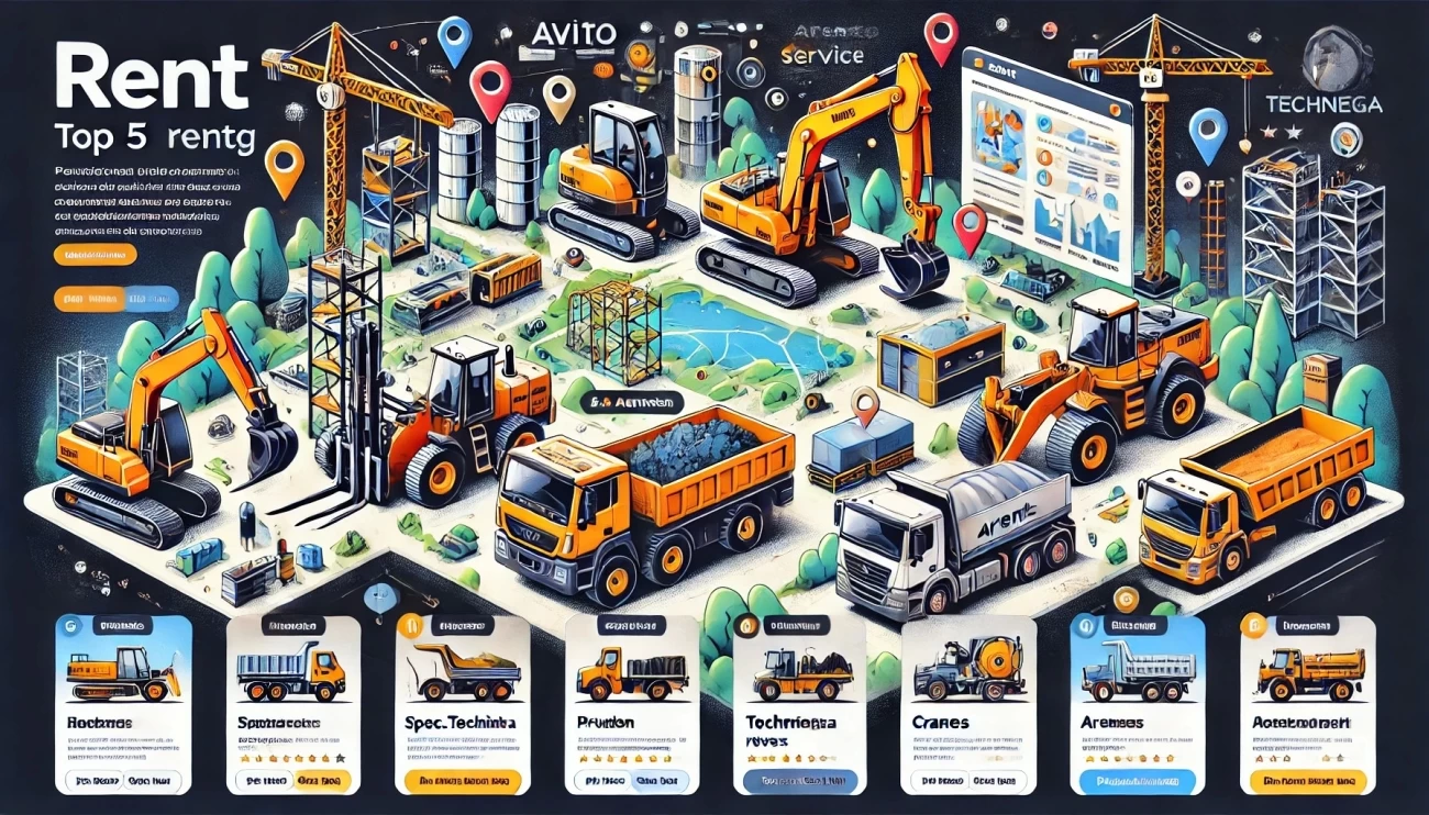 На изображении представлен инфографик, отражающий основные характеристики пяти ведущих платформ для аренды спецтехники: Avito: Яндекс.Аренда: СПЕЦТЕХНИКА.РФ: ArendaTech: Rentman: