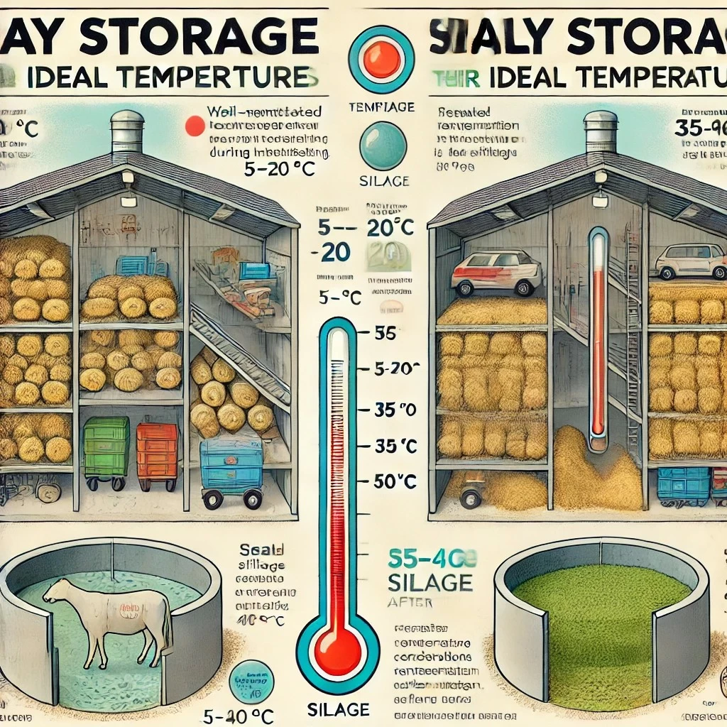 иллюстрация, разделенная на две части: одна демонстрирует оптимальные условия хранения сена, а другая — силоса, с акцентом на температурные диапазоны и риски, связанные с их нарушением.