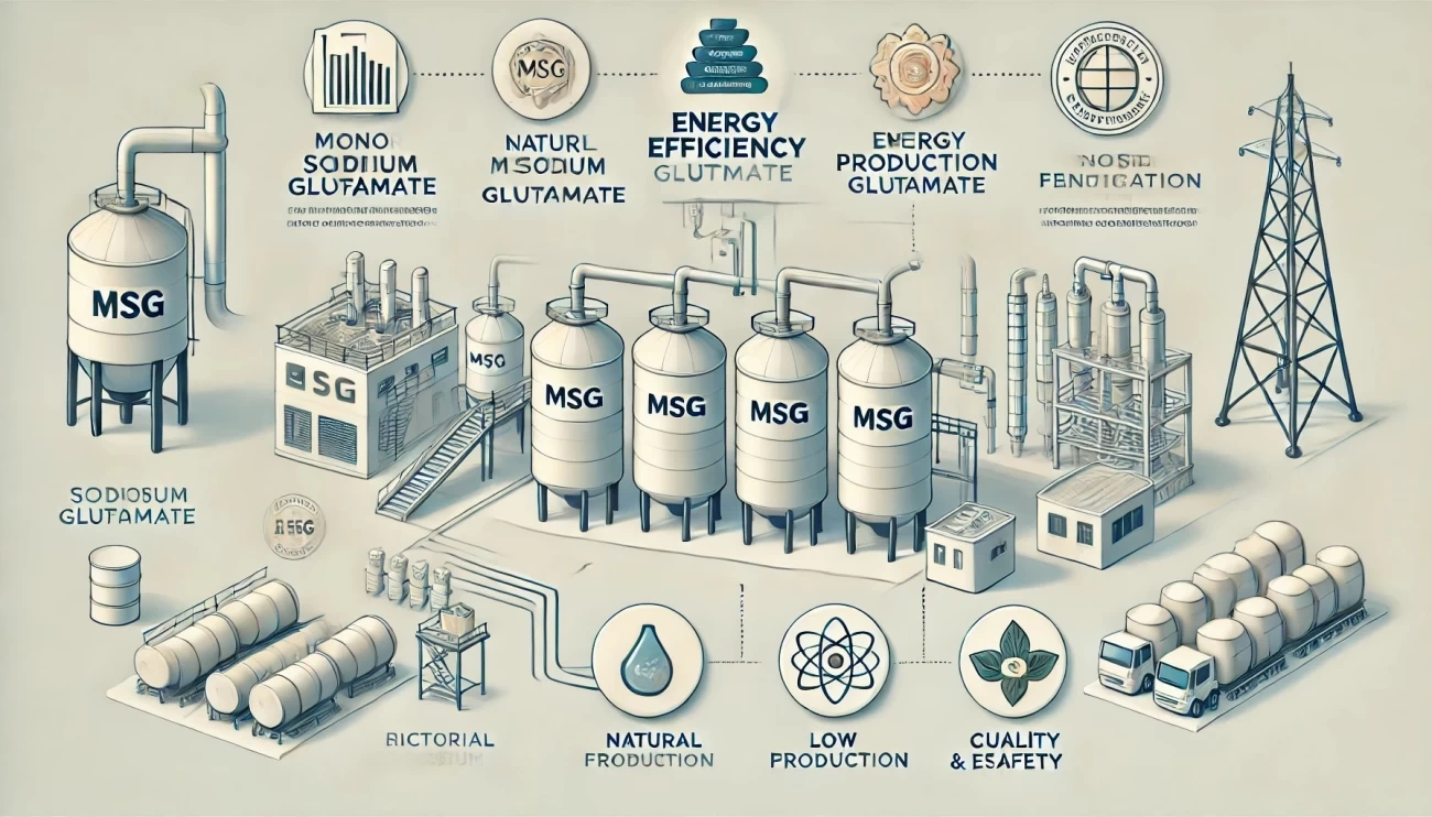 иллюстрация, демонстрирующая энергоэффективный процесс микробиологического синтеза усилителей вкуса, таких как глутамат натрия, а также подчеркивающая надежность и стандарты качества крупных производителей