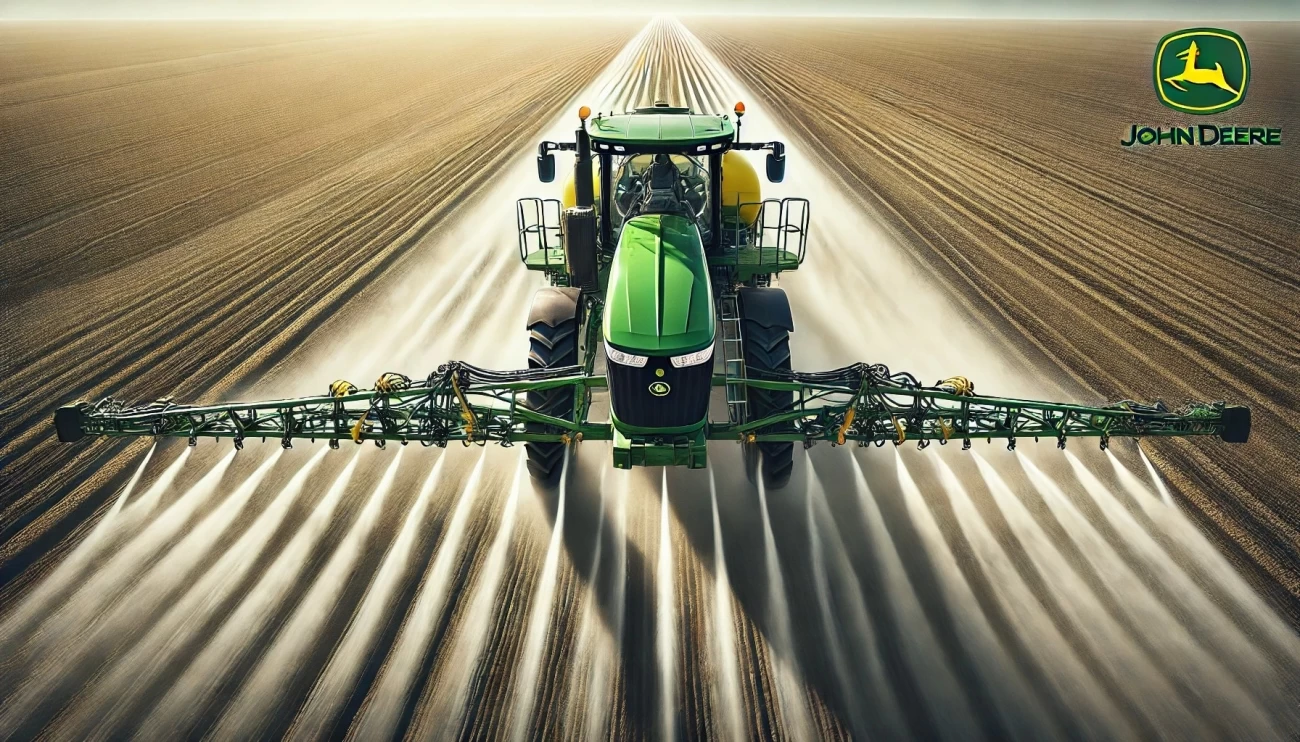 изображение опрыскивателя John Deere R4060 в действии на большой ферме, показывающее его мощную и эффективную конструкцию для сельскохозяйственных работ.