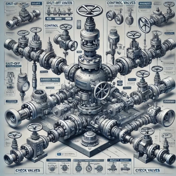 изображение, иллюстрирующее различные типы химической арматуры, используемой в трубопроводных системах. Оно включает запорные, регулирующие, предохранительные, обратные и специальные разделительные клапаны. 