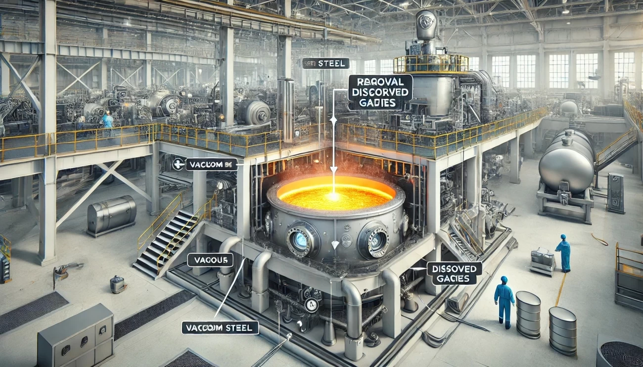 изображение, иллюстрирующее процесс вакуумной дегазации в сталелитейной промышленности. На нем показана обработка жидкой стали в вакуумной камере с удалением растворенных газов, а также промышленное оборудование и рабочая среда.