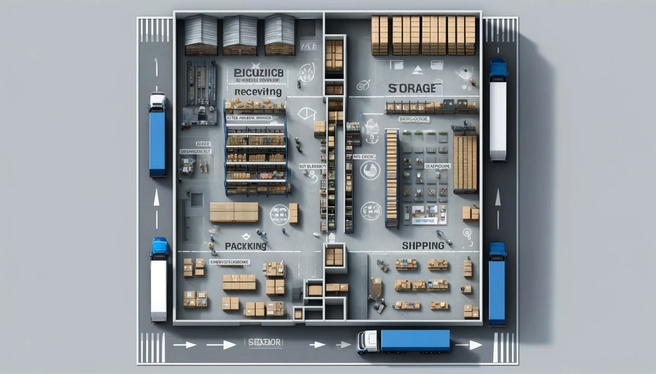 изображение, демонстрирующее основные принципы зонирования склада, включая разделение на зоны: приемка, хранение, комплектация и отгрузка. 