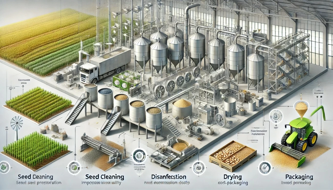 изображение, демонстрирующее ключевые этапы подготовки семян в агропроизводстве: очистку, калибровку, обеззараживание, сушку и упаковку.