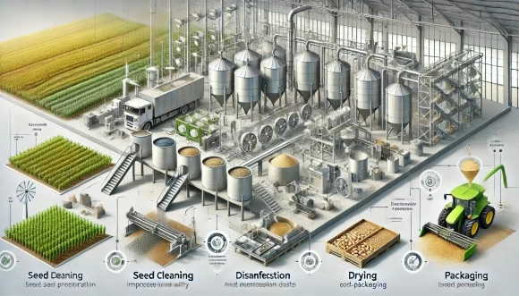 изображение, демонстрирующее ключевые этапы подготовки семян в агропроизводстве: очистку, калибровку, обеззараживание, сушку и упаковку.