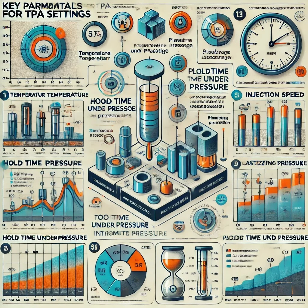 На изображении представлена инфографика с ключевыми параметрами настройки термопластавтомата (ТПА)