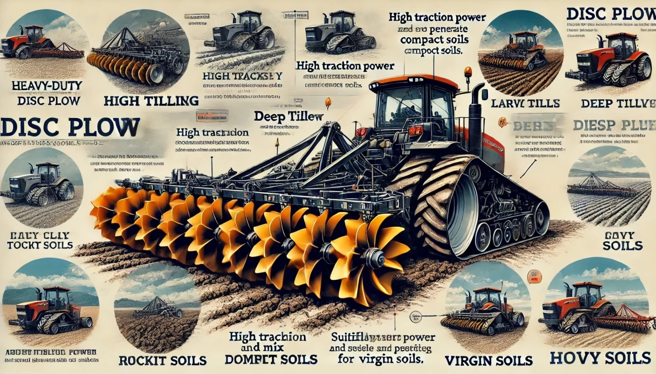 Изображение показывает тяжелый дисковый плуг с массивной рамой и крупными дисками, подходящий для работы на плотных и каменистых почвах