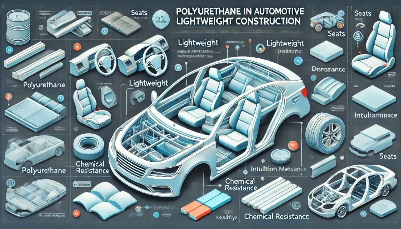 иллюстрация, демонстрирующая применение полиуретанов в создании лёгких конструкций для автомобилей. Она включает обозначения различных компонентов, где используются полиуретаны, таких как сиденья, панели приборов, изоляционные материалы и структурные элементы.