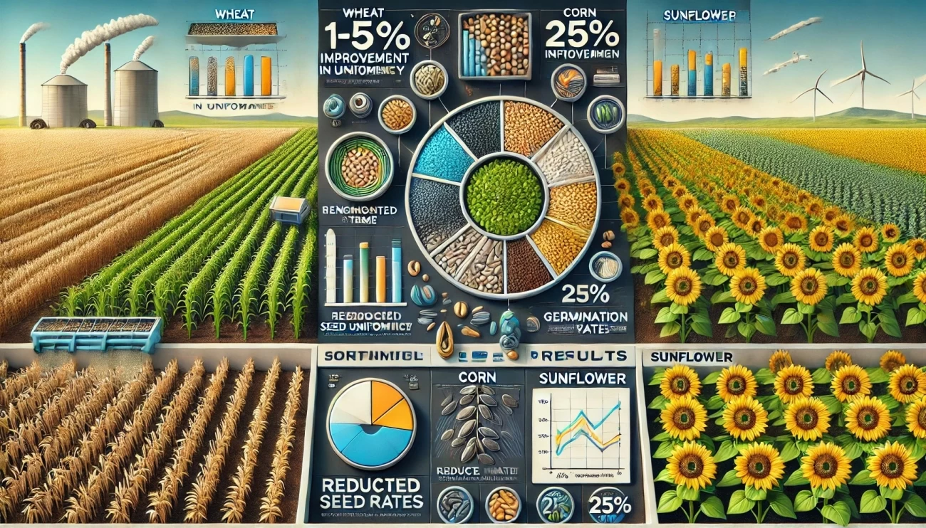 изображение, иллюстрирующее преимущества сортировки семян с примерами для пшеницы, кукурузы и подсолнечника. 
