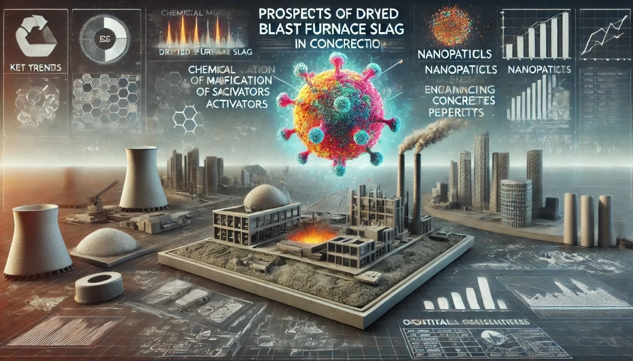 изображение, иллюстрирующее перспективы использования высушенного доменного шлака в строительстве. Оно включает ключевые тенденции: химическую модификацию шлака, 3D-печать бетонных конструкций, интеграцию нанотехнологий и развитие нормативной базы. Фон подчеркивает устойчивое развитие и промышленную инновацию.