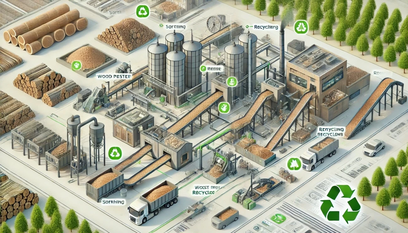 иллюстрация деревообрабатывающего завода с полностью интегрированной системой переработки отходов, подчеркивающая ключевые шаги для эффективного управления отходами и повторного использования продукции