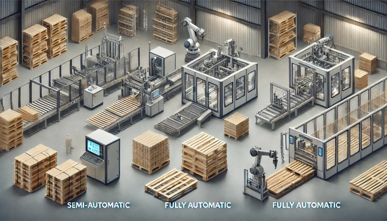 изображение, показывающее три основных типа автоматизированных машин для производства поддонов: полуавтоматические, полностью автоматические и усовершенствованные роботизированные системы, каждая из которых имеет свои собственные функции в заводских условиях