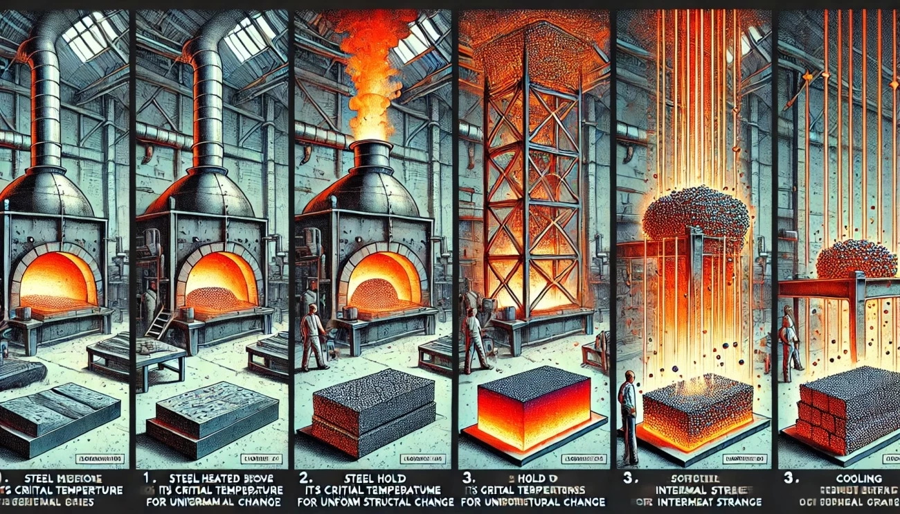 а изображении визуализирован процесс нормализации стали с тремя ключевыми этапами: нагрев, удержание температуры и медленное охлаждение.