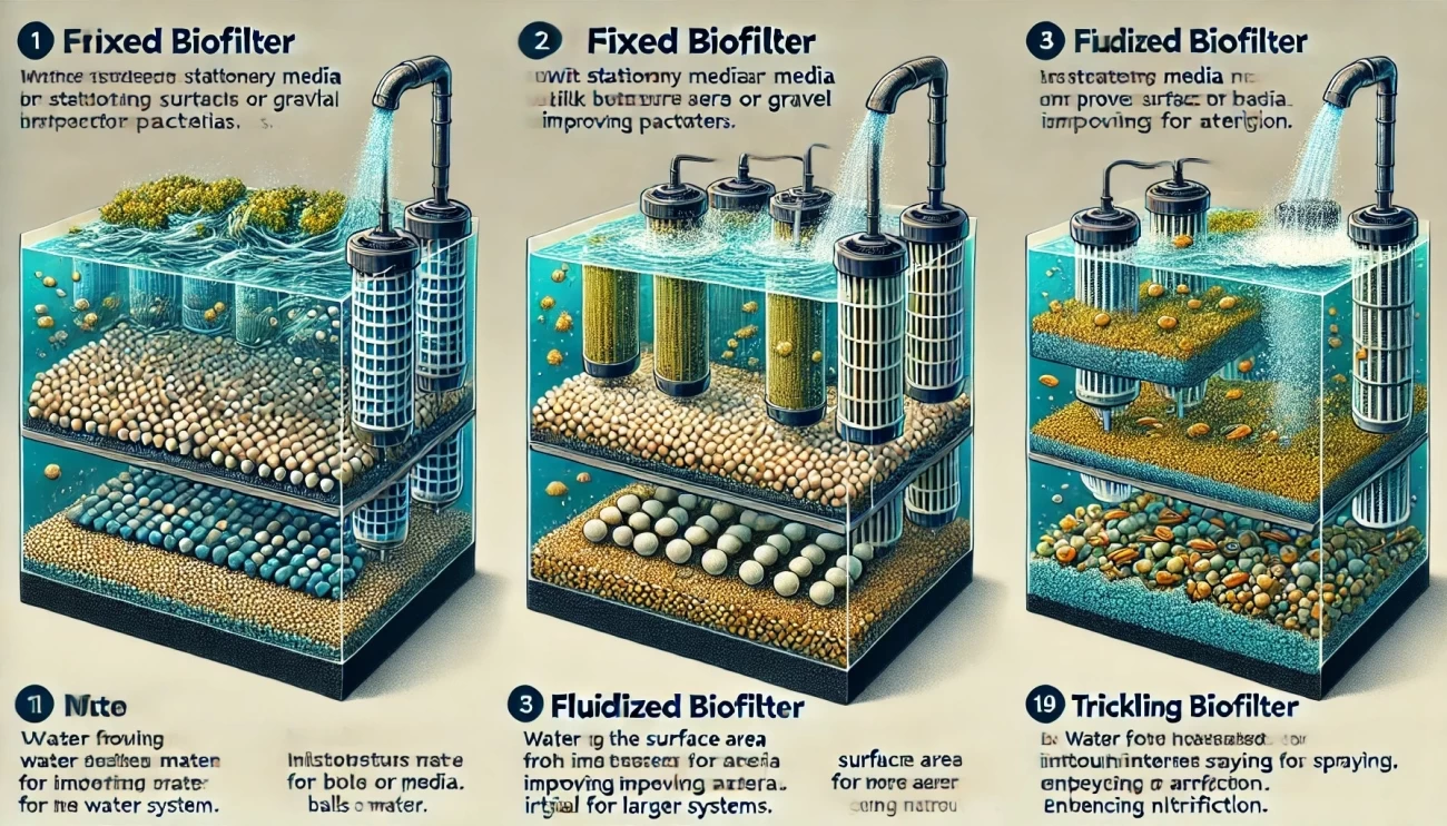 изображение, демонстрирующее три типа биофильтров для аквакультуры: фиксированный с неподвижным фильтрующим материалом, флюидизированный с движущимися частицами, и капельный с аэрацией. 