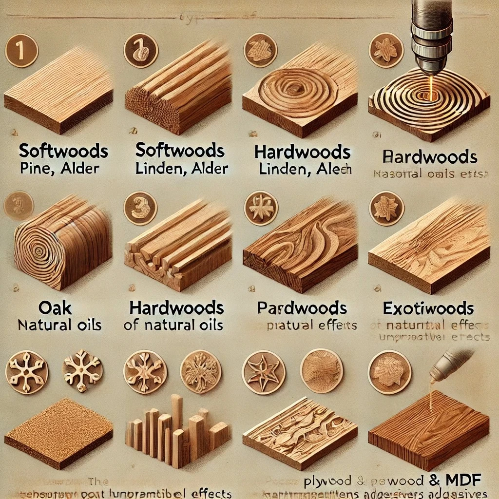 изображение, иллюстрирующее работу лазерных станков с разными породами древесины. Оно показывает, как различные виды дерева реагируют на лазерную обработку, включая мягкие, твердые, экзотические породы, а также фанеру и МДФ.