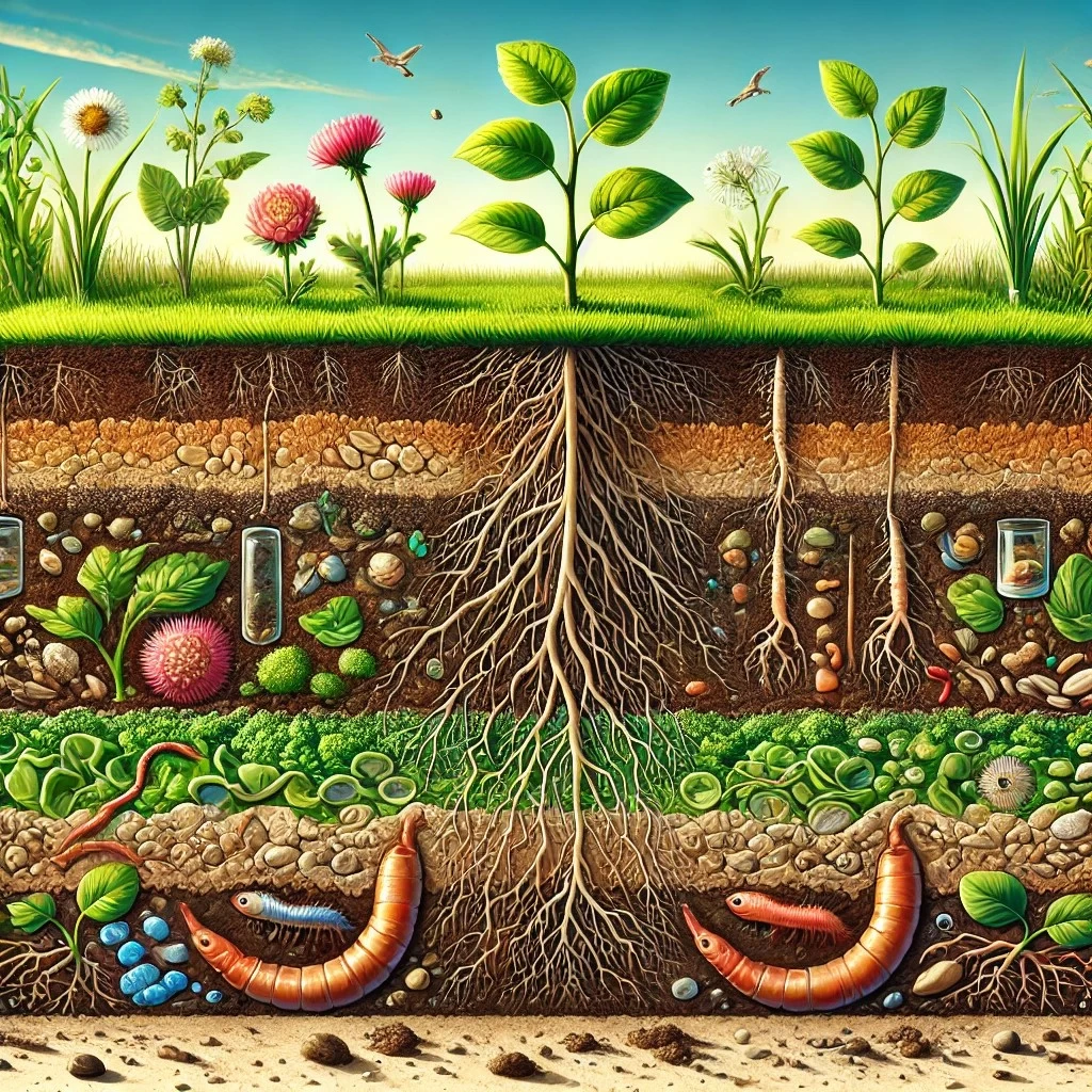 изображение, демонстрирующее сложность почвы как экосистемы, включая слои почвы, корни растений и взаимодействие микроорганизмов и других элементов. 