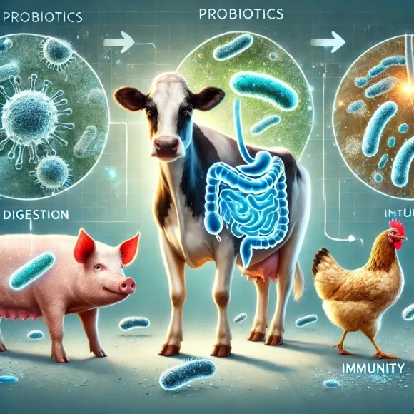 изображение, иллюстрирующее роль пробиотиков в поддержании здоровья кишечника у сельскохозяйственных животных. Оно демонстрирует их влияние на пищеварение, иммунитет и предотвращение заболеваний.