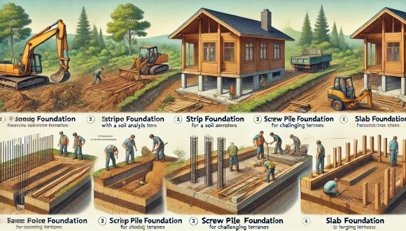иллюстрация, отображающая основные этапы выбора и подготовки фундамента для деревянного дома, включая анализ грунта, расчистку участка, выравнивание поверхности и укладку разных типов фундамента.