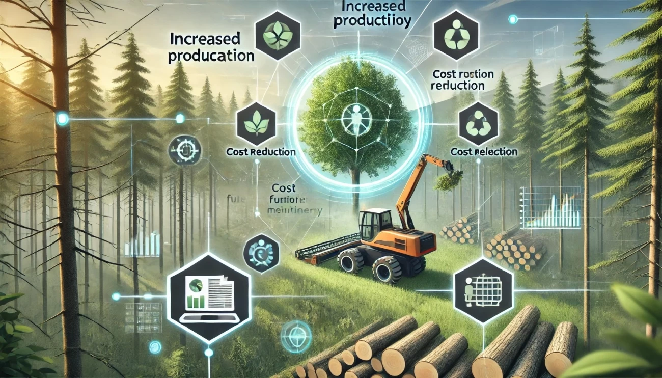 На изображении представлен лесозаготовительный процесс с использованием современных технологий цифровизации. 