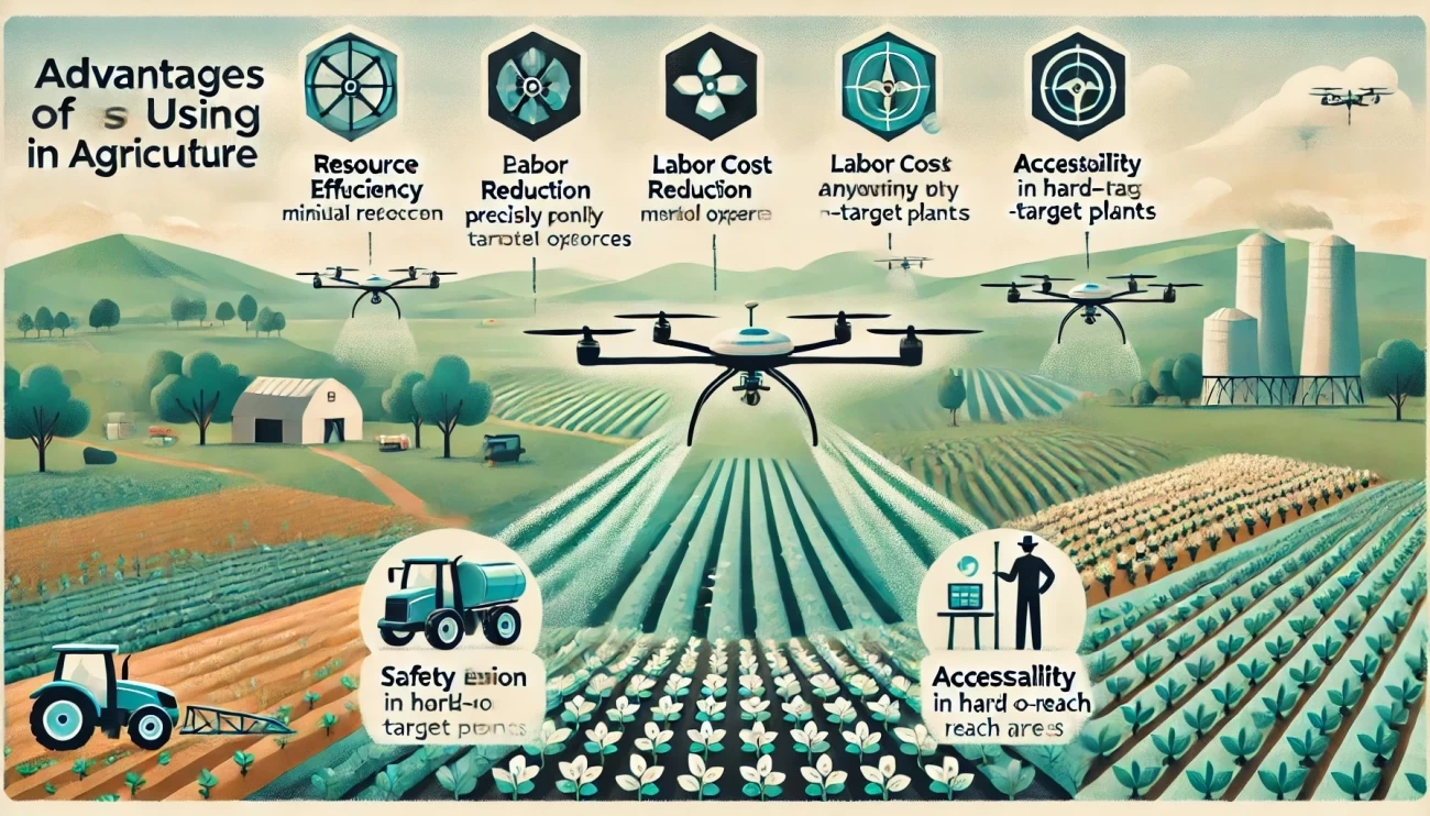 На изображении представлена инфографика, иллюстрирующая преимущества использования дронов в сельском хозяйстве. Оно разделено на шесть секций, каждая из которых визуально демонстрирует конкретное преимущество
