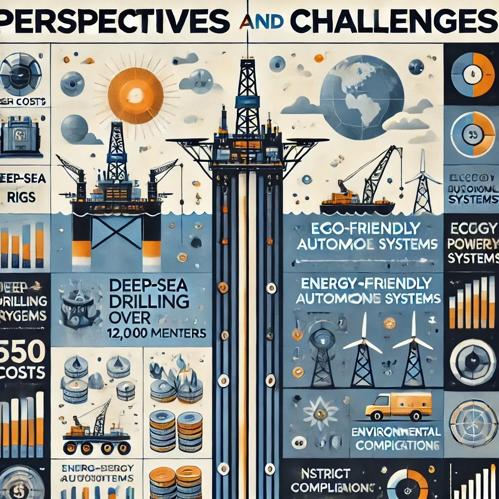 Изображение представляет баланс между перспективами и вызовами глубоководного бурения, акцентируя внимание на инновациях и трудностях отрасли.