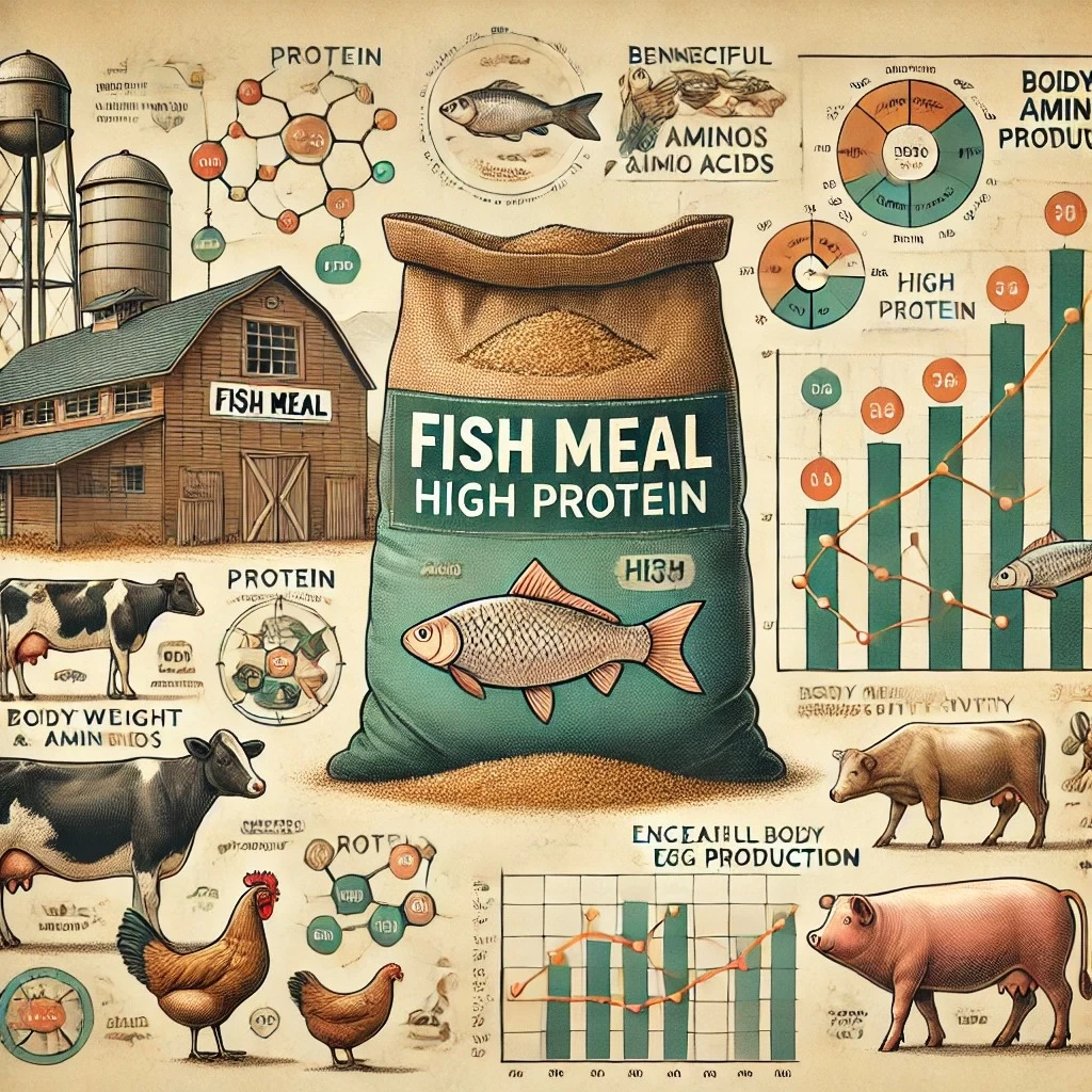 На изображении представлена инфографика, посвящённая рыбной муке как ценному кормовому ингредиенту.
