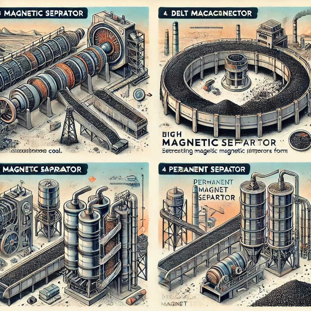 изображение, иллюстрирующее различные типы магнитных сепараторов, используемых в угольной промышленности, с их описанием. 