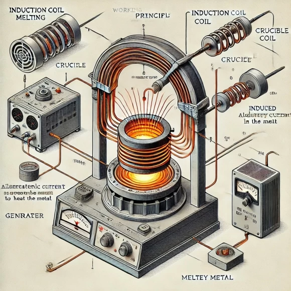 На изображении представлена схема, иллюстрирующая принцип работы индукционной плавки.