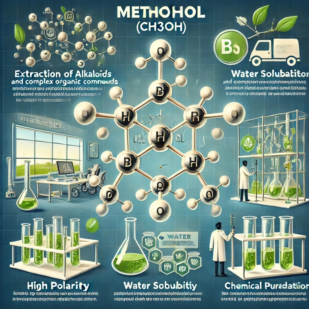 изображение, иллюстрирующее метанол (CH₃OH), его молекулярную структуру, ключевые области применения (экстракция алкалоидов, производство биотоплива, очистка химических реактивов) и основные преимущества (высокая полярность, растворимость в воде, доступность).