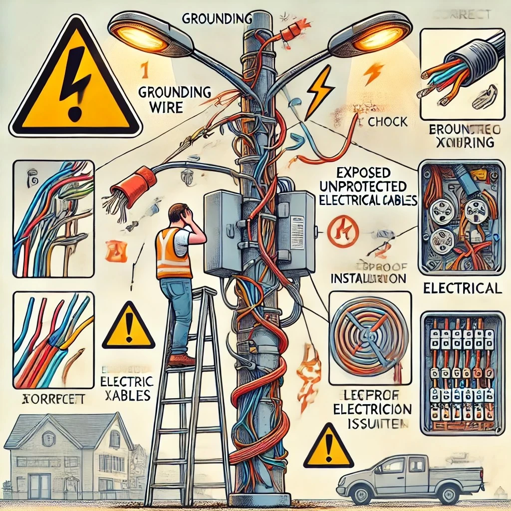иллюстрация, демонстрирующая ошибки электробезопасности уличного освещения и способы их предотвращения. На изображении показаны основные проблемы, такие как отсутствие заземления, незащищенные кабели и неправильная установка проводки, а также правильный вариант монтажа.