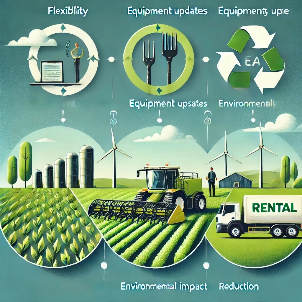Изображение иллюстрирует преимущества аренды сельскохозяйственной техники в условиях устойчивого сельского хозяйства, акцентируя внимание на гибкости, обновлении оборудования и снижении воздействия на окружающую среду. 
