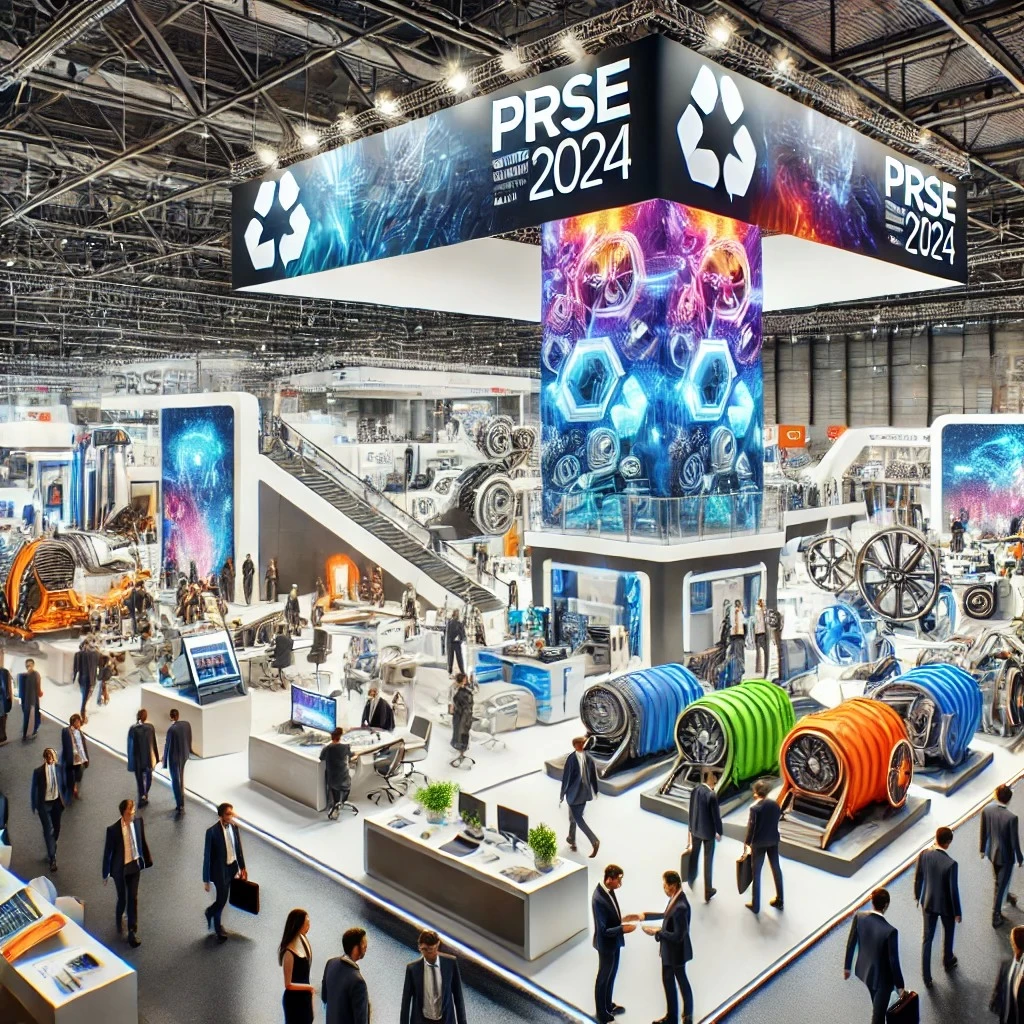 На изображении представлена выставочная сцена, посвящённая Plastics Recycling Show Europe (PRSE) 2024.