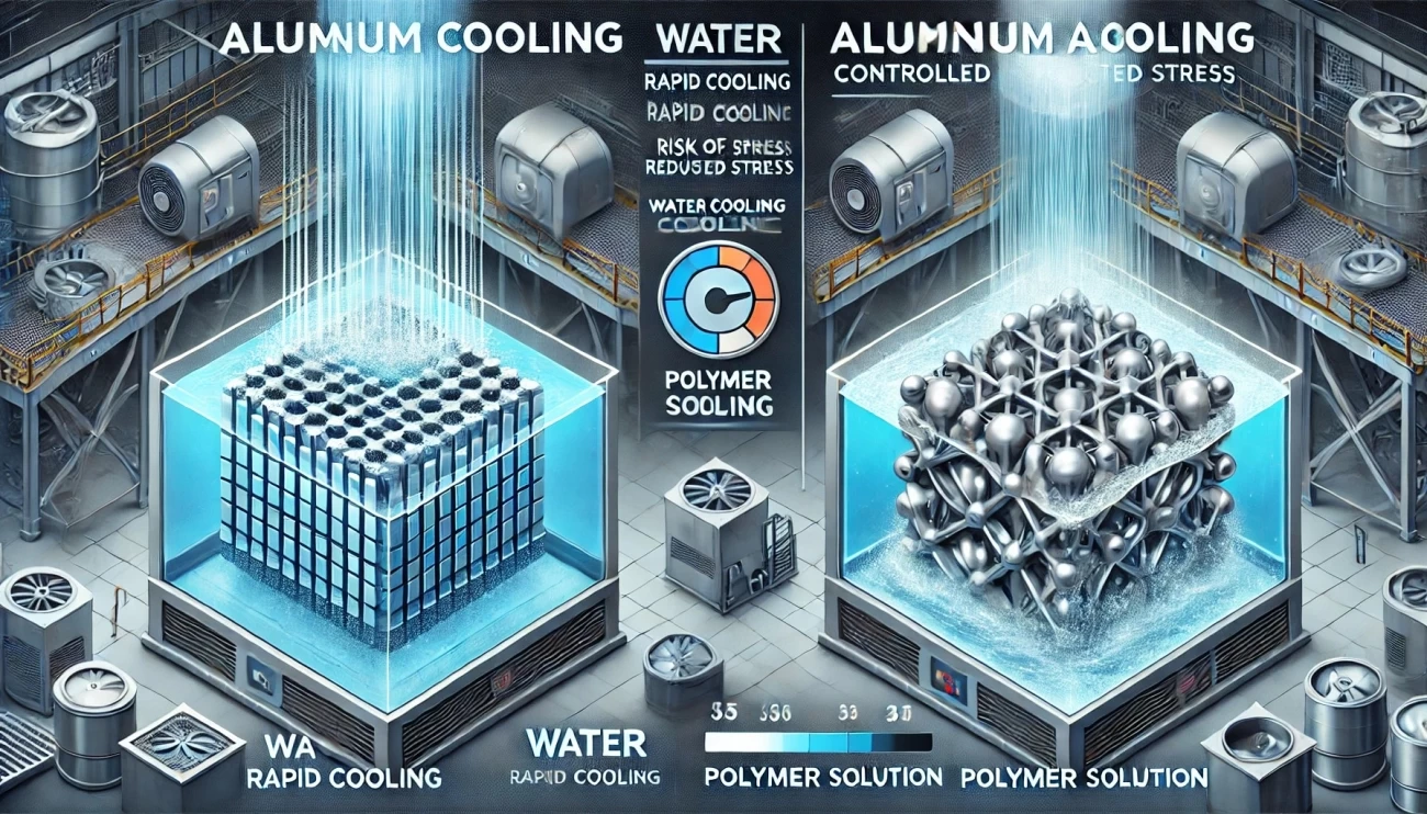 Изображение, которое иллюстрирует различие между охлаждением алюминиевых сплавов водой и водными растворами полимеров. Левая часть показывает процесс быстрого охлаждения водой, а правая – равномерное охлаждение в полимерном растворе