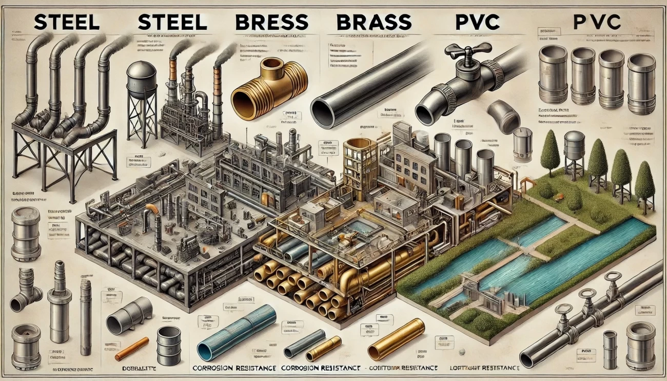 визуальное изображение, которое сравнивает сталь, латунь и ПВХ как материалы для соединительных элементов трубопроводных систем. 